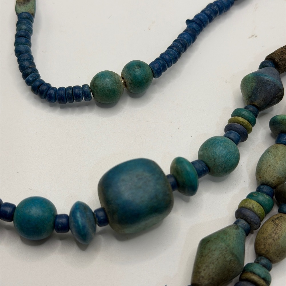 Vintage Multi Strand Wood Bead Necklace Blue Green Teal Boho Geometric Statement - Picture 10 of 16